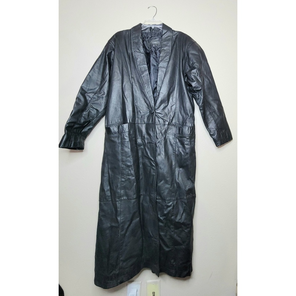 Vintage COMINT Long Black Leather Double Breast Trench Coat Sz‎ S
